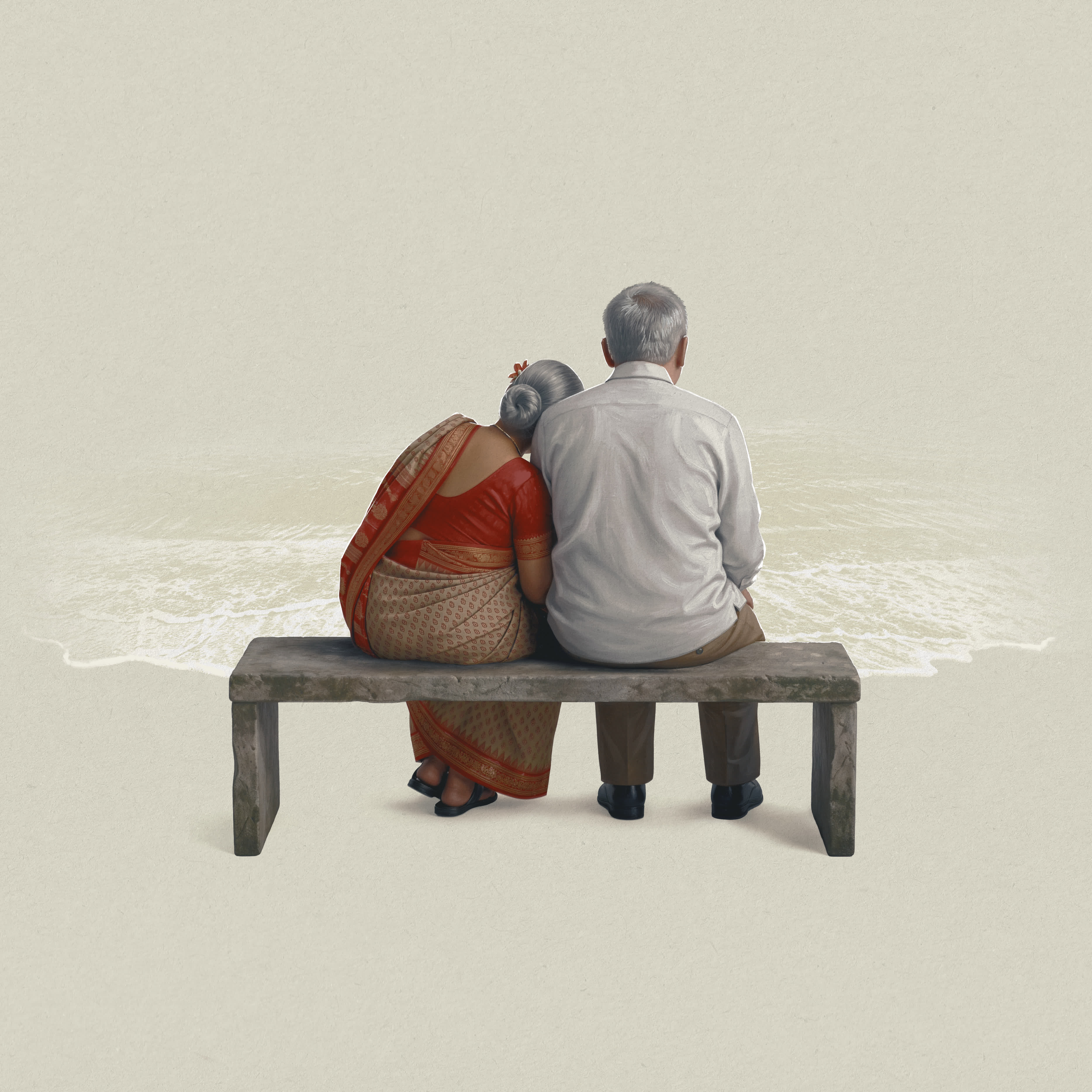 An elderly couple sitting together on a bench by the sea
